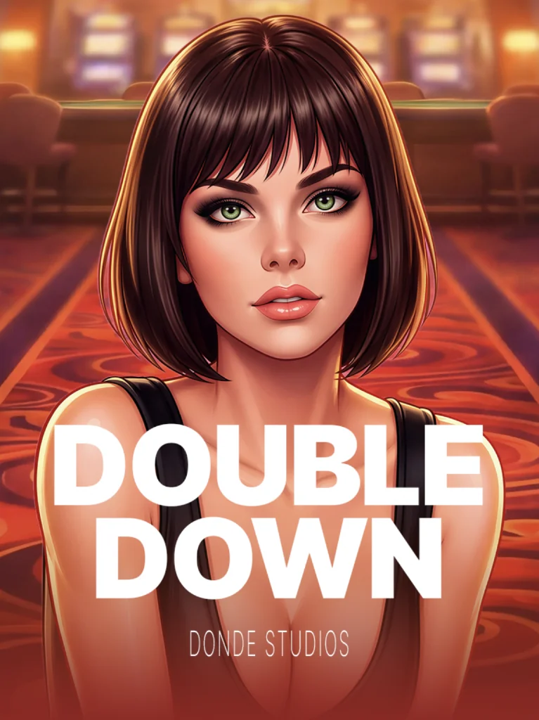 Double Down key art: a dark-haired croupier looking straight at the player across a red-lit blackjack table, with the game title set beneath her.